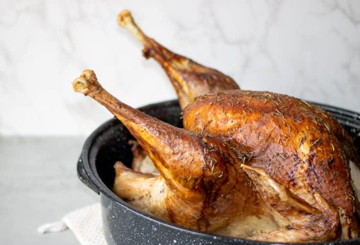 whole roasted pasture raised turkey in a roasting pan