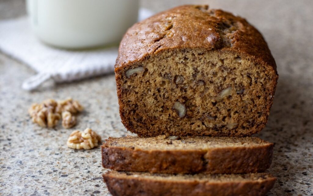 A baked loaf of sourdough banana bread with two slices cut and a few walnuts beside.