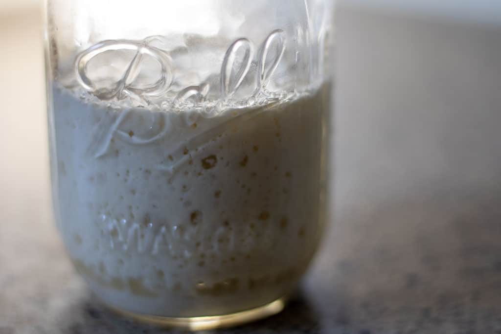 A glass Ball jar filled with bubbly sourdough starter.