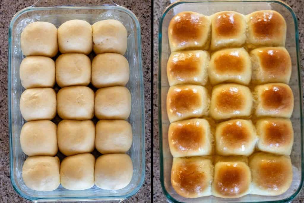 A pan full of risen unbaked dinner rolls next to another pan of baked and buttered sourdough rolls.