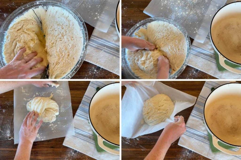 Four images in a grid showing the process of making no knead sourdough bread.