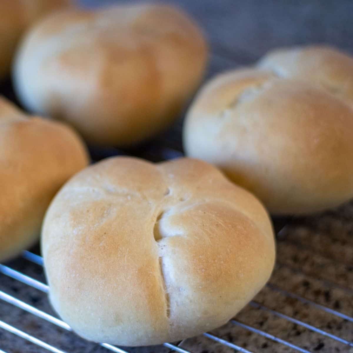 A batch of baked semmel rolls on a wire rack.