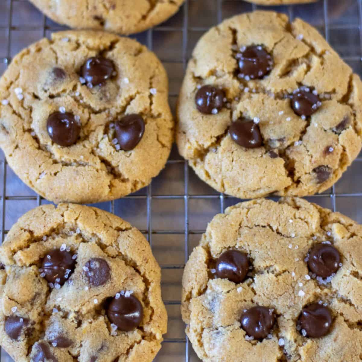 A batch of baked sourdough chocolate chip cookies on a wire rack.