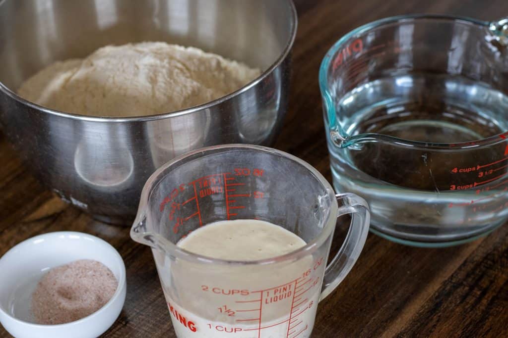 All the ingredients for no knead sourdough bread.