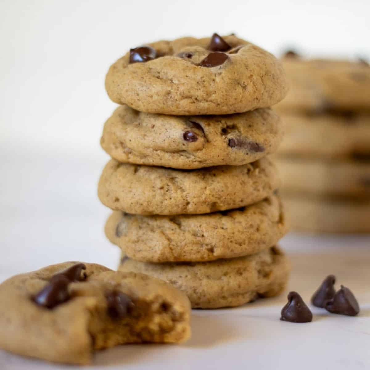 A stack of sourdough pumpkin cookies with a few chocolate chips sprinkled next to the stack.