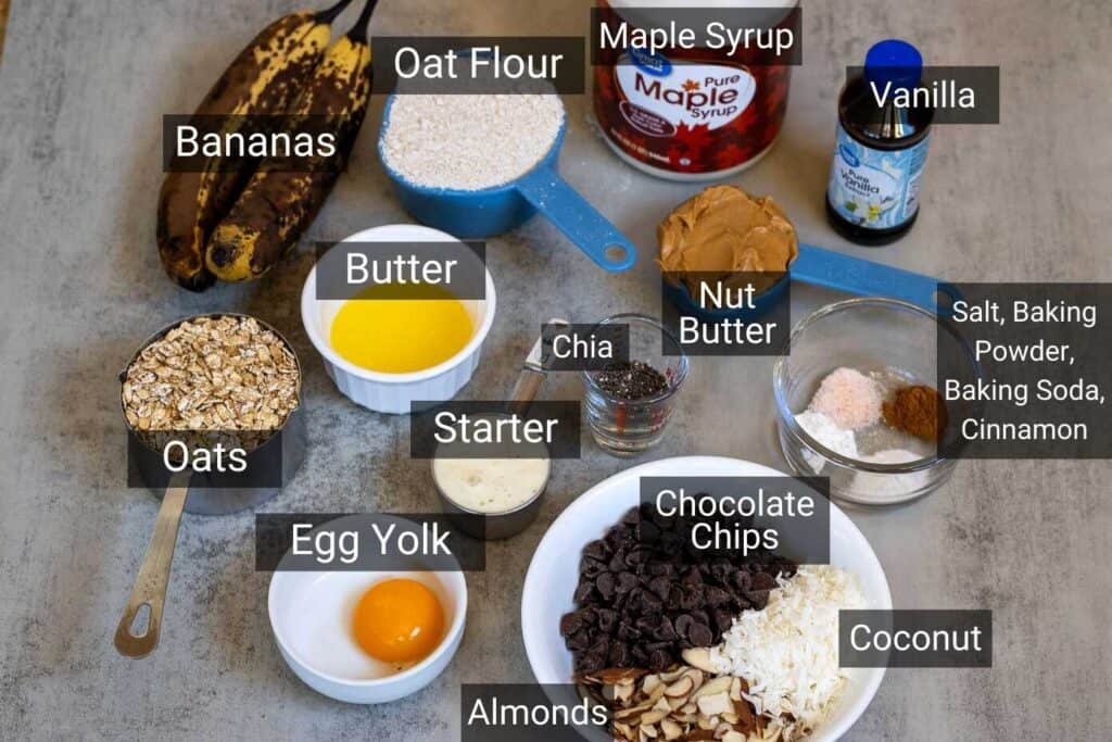 All the ingredients labeled for sourdough breakfast cookies.