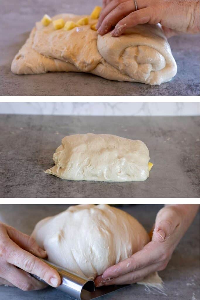 Three process shots of the lamination method of folding and shaping sourdough with apple inclusions.