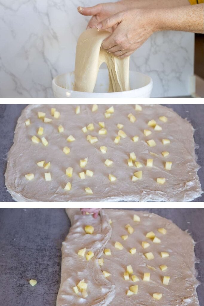 Three process shots showing a coil fold, lamination, and adding apple inclusions to a loaf of apple sourdough bread.