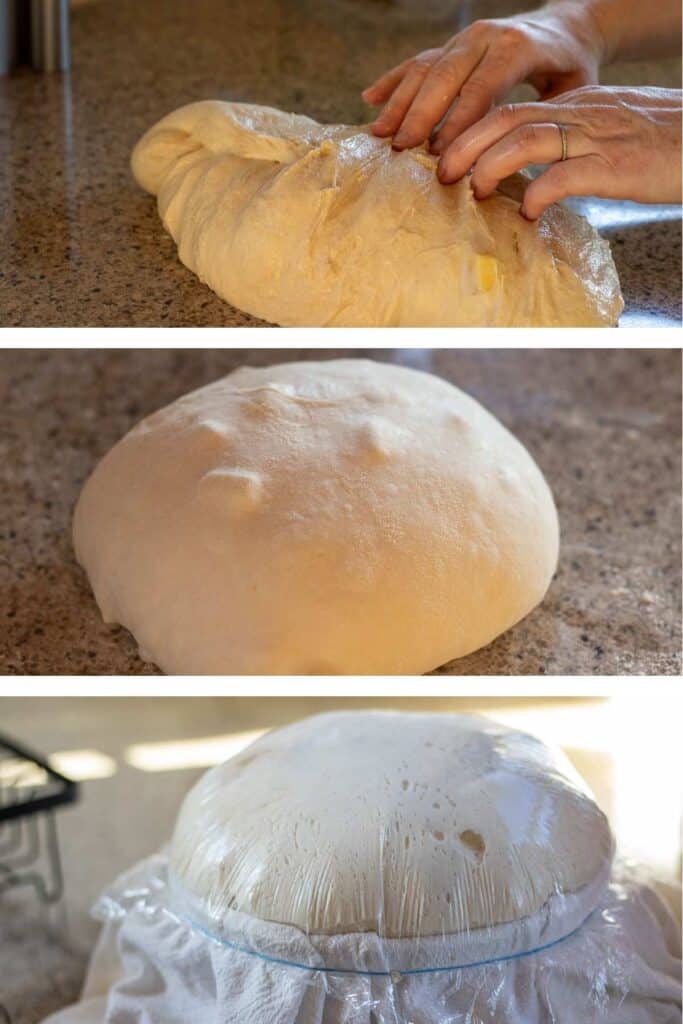 Three process shots of a woman shaping sourdough apple bread and then allowing it to bulk ferment overnight.