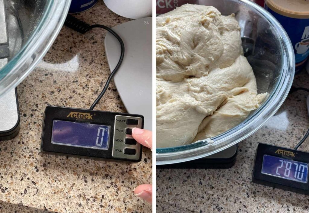 Two photos, one of how to zero out a bowl on a kitchen scale (tare), and one weighing a large batch of bread dough in a bowl atop a scale.