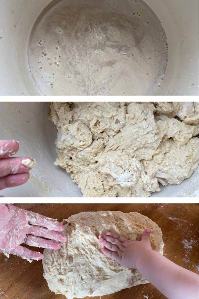 A collage of three process shots showing how to make white sandwich bread, the first blooming the yeast, the second a shaggy dough mix, and the third kneading the sticky dough by hand.