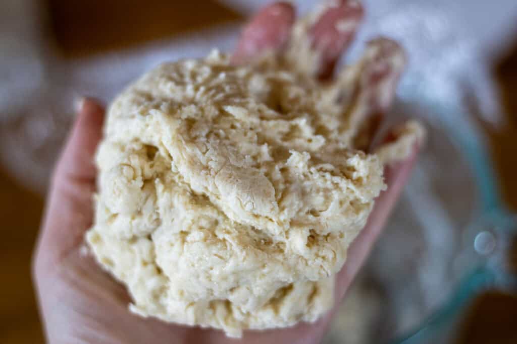Close-up of a hand holding sweet stiff sourdough starter, showing the sticky and textured consistency before fermentation.