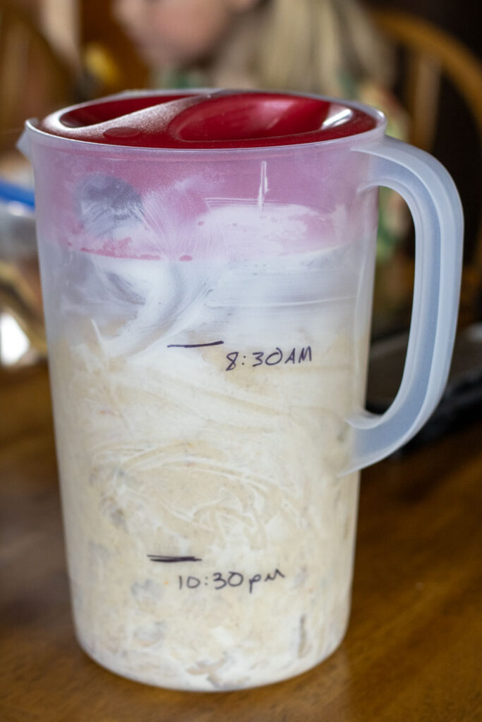 Dough rising in a clear container with time markers showing progress from 10:30 p.m. to 8:30 a.m. for bulk fermentation of sourdough hot cross buns.