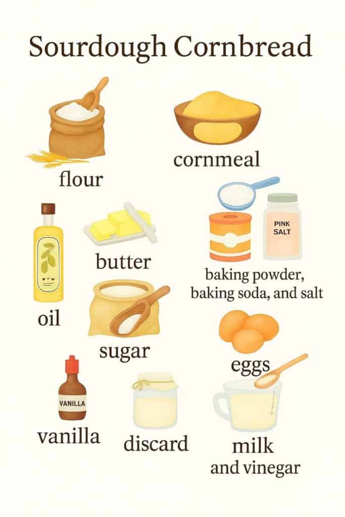 Visual ingredient chart for sourdough cornbread showing labeled illustrations of flour, cornmeal, butter, baking powder, baking soda, salt, oil, sugar, eggs, vanilla, sourdough discard, and milk with vinegar.