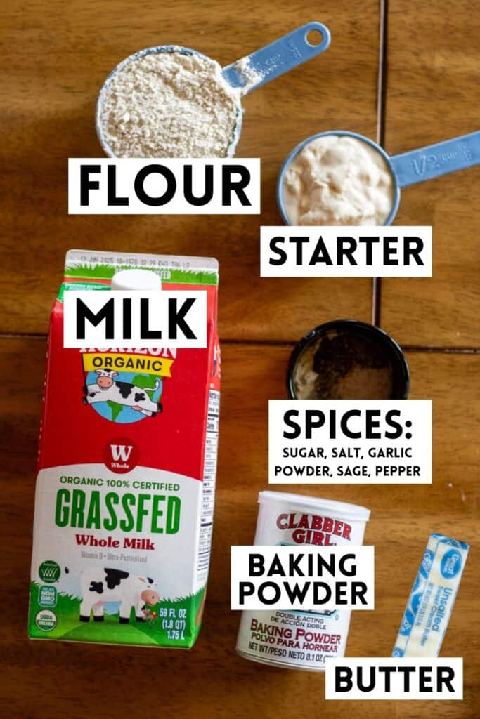 Flat lay of labeled sourdough dumpling ingredients on a wooden table, including flour, sourdough starter, milk, spices (sugar, salt, garlic powder, sage, pepper), double-acting baking powder, and unsalted butter.