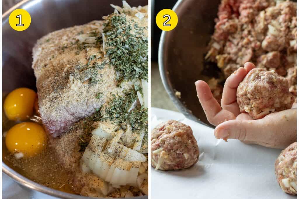 Step 1: Raw meatball ingredients including ground beef, eggs, breadcrumbs, chopped onion, herbs, and seasonings in a large mixing bowl.
Step 2: A hand shaping the mixed meatball mixture into round meatballs over parchment paper.