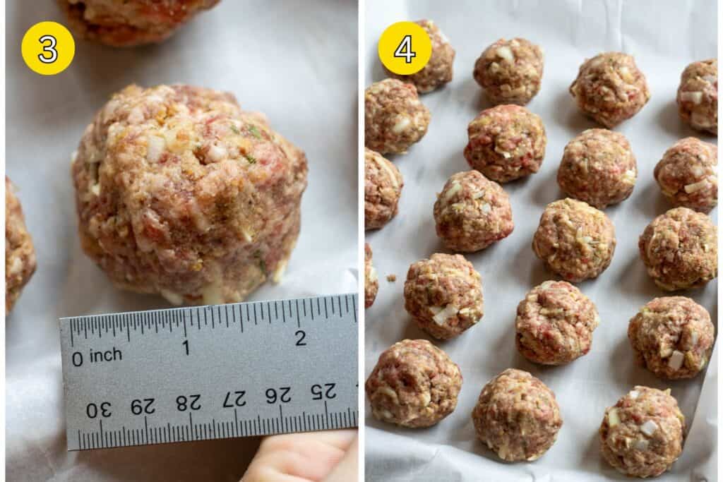 Step 3: Close-up of a raw meatball next to a ruler showing it’s about 2 inches wide.
Step 4: Dozens of shaped meatballs arranged on a parchment-lined baking sheet, ready for the oven.